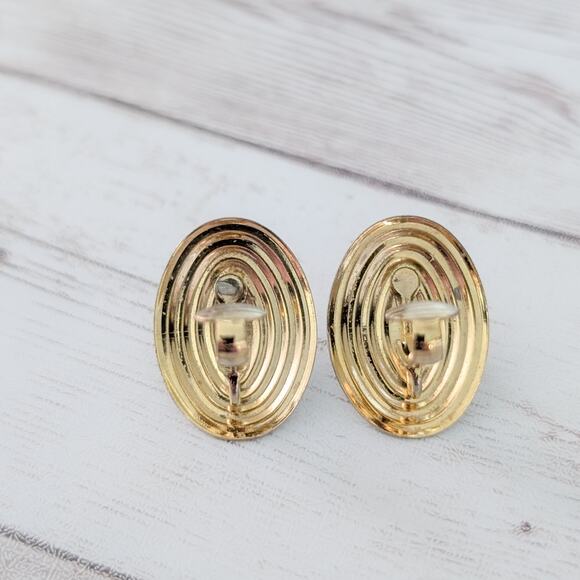 Vintage Clip On Earrings Unusual 1" Oval with Faux Pearl Trio Elegant Statement - Picture 4 of 6